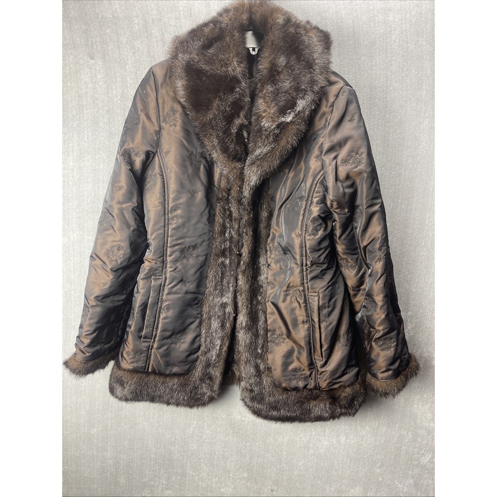 Regent Park Women's M Brown Faux Fur Trim Winter Coat Satin Y2K Vintage Style